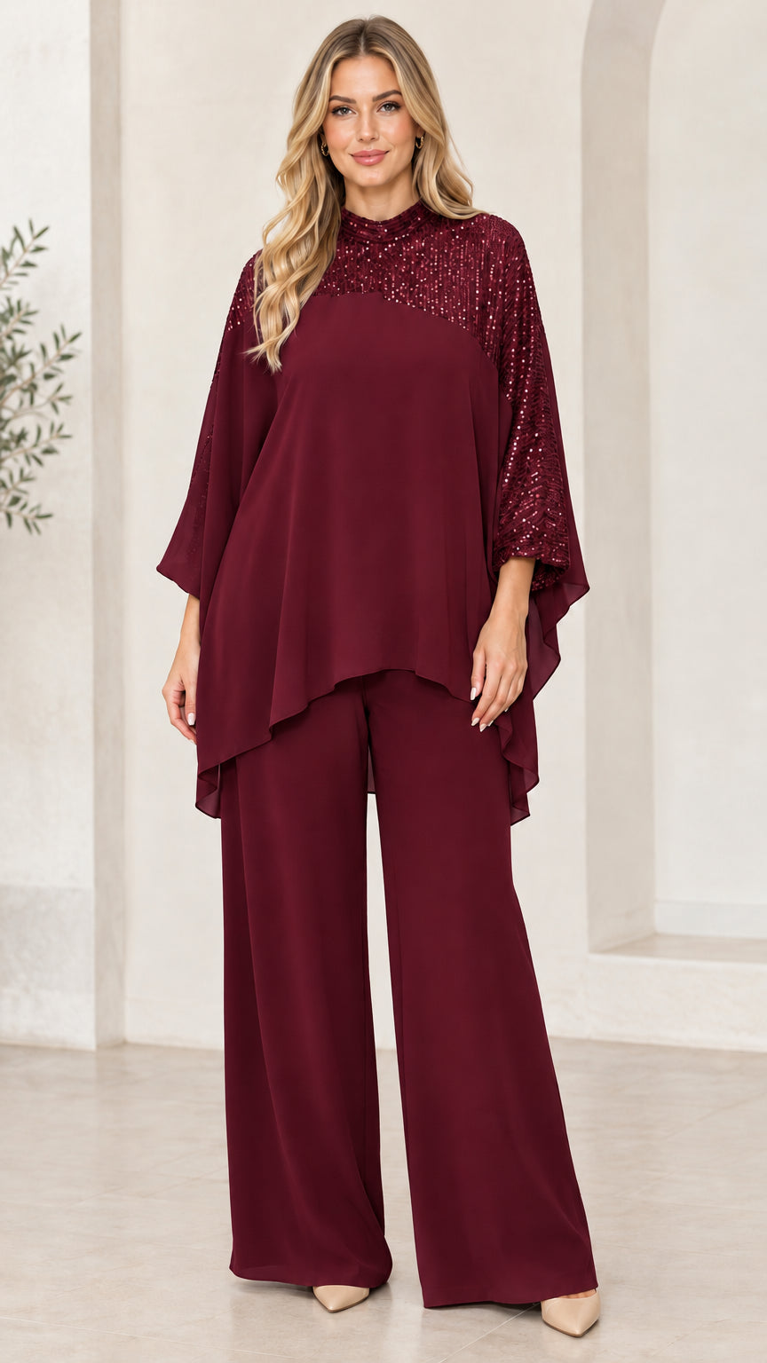 Burgundy wine sequin chiffon two piece evening pant suit