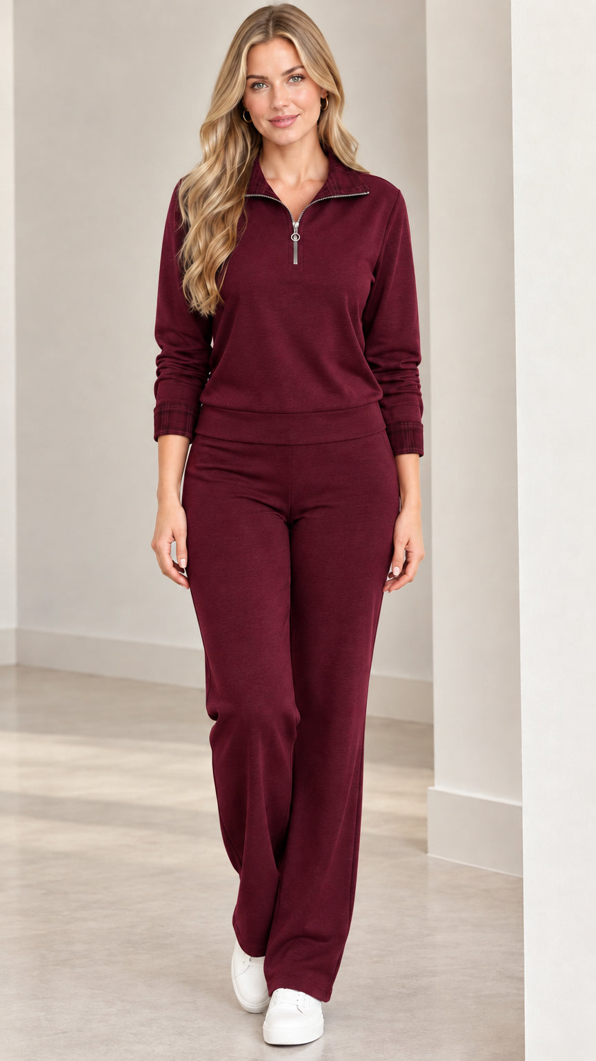 Burgundy women's two-piece half-zip lounge set with plaid trim
