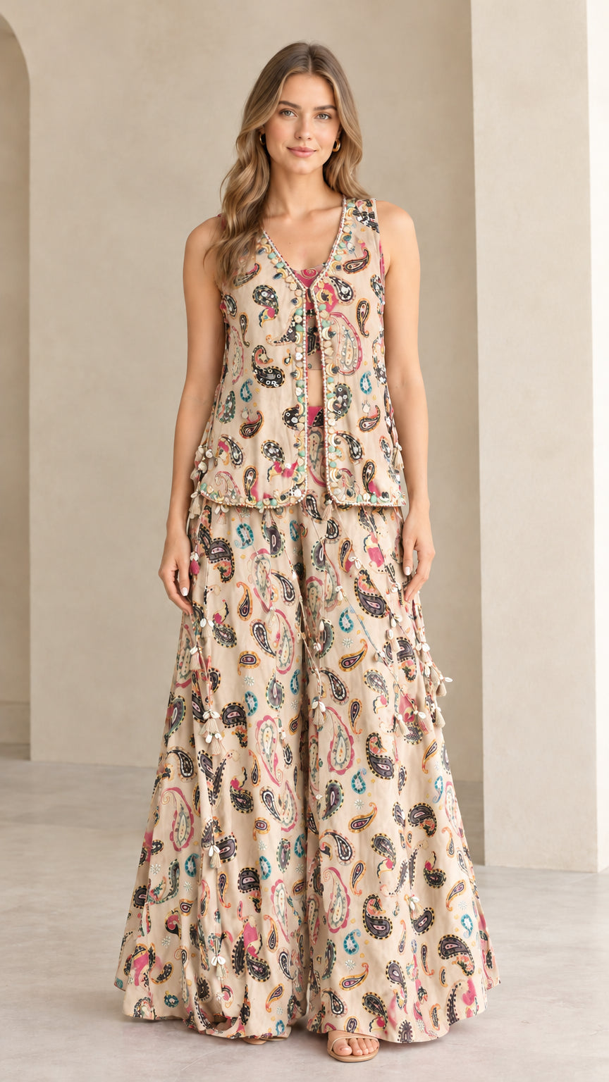 Front view of beige champagne paisley print 3-piece embellished palazzo pant set
