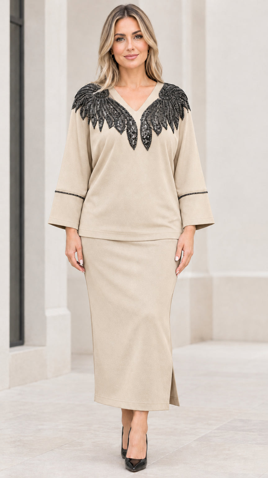 Full front view of beige champagne sequin-embellished top and maxi skirt two-piece set