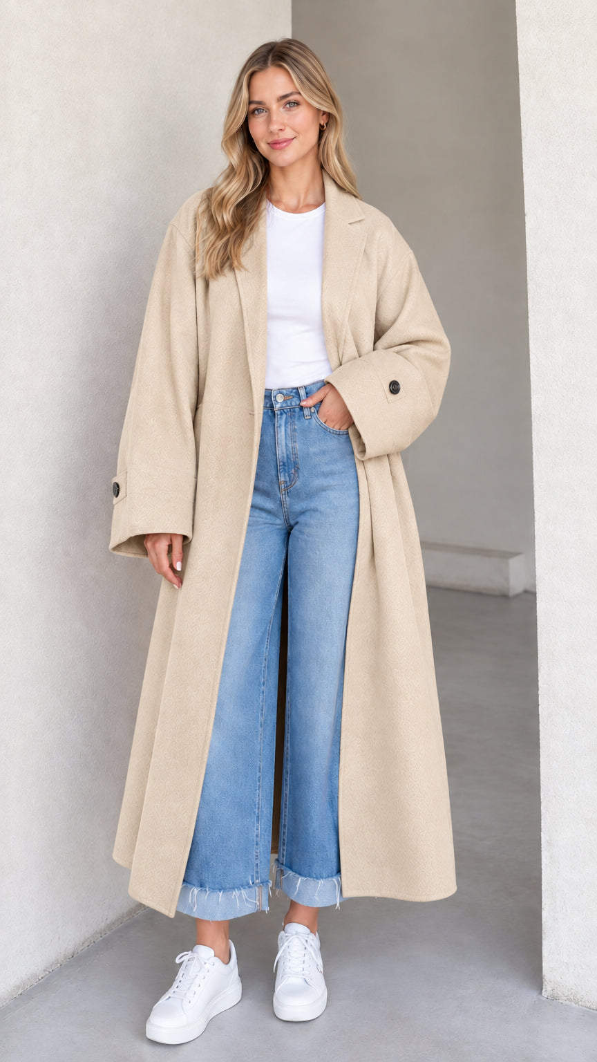 Front full-length view of model wearing a beige cream oversized maxi overcoat