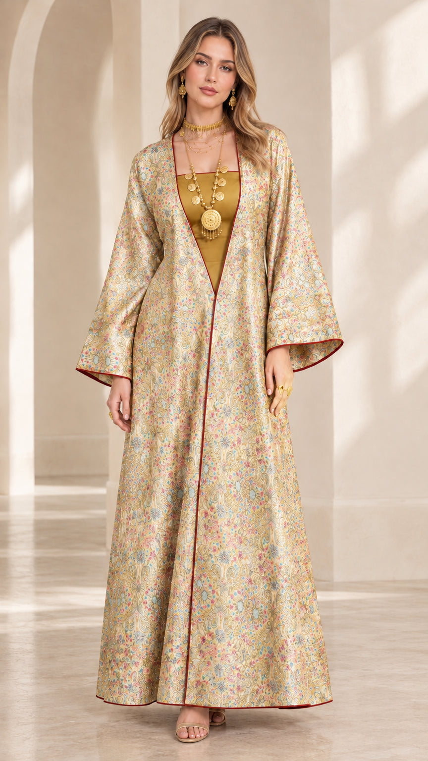 Model wearing champagne light gold floral jacquard occasion maxi abaya