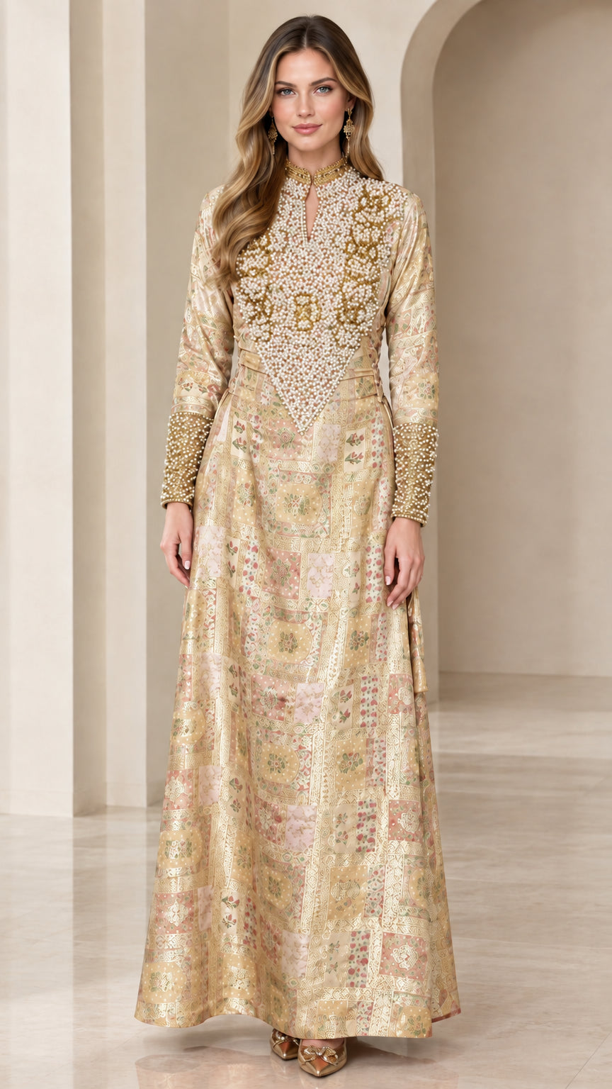 Champagne gold pearl-embellished long sleeve formal gown