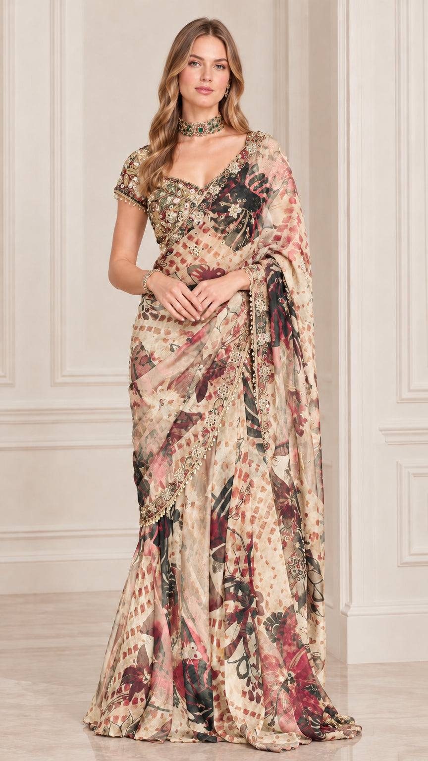 Full-length view of model wearing Cream Beige floral printed saree set