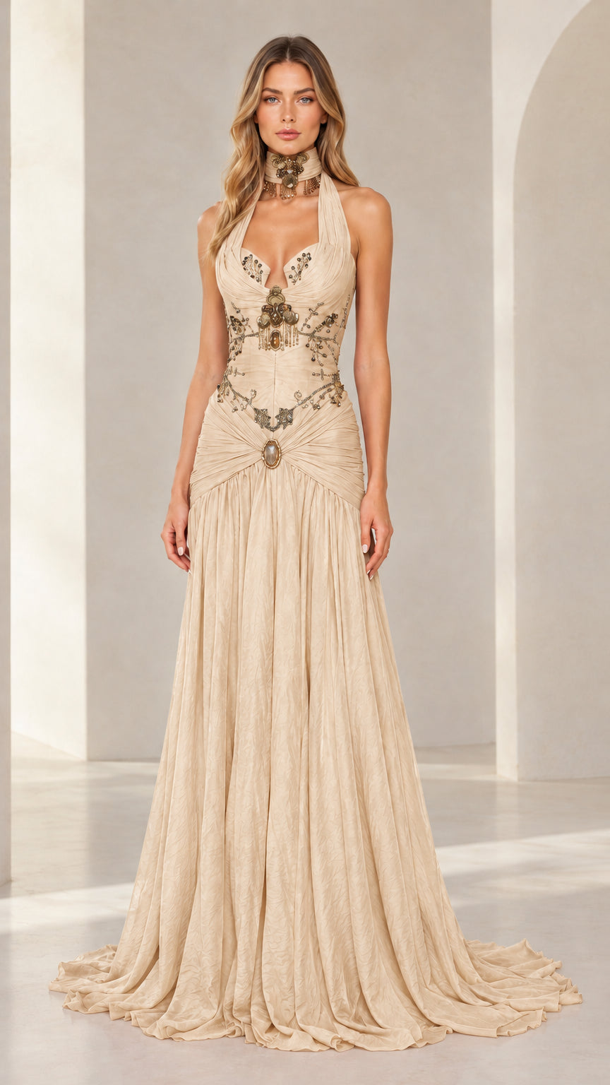 Champagne beige embellished halter neck evening gown on model