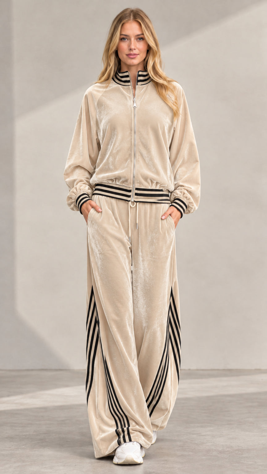 Women's beige and black striped velour two-piece set
