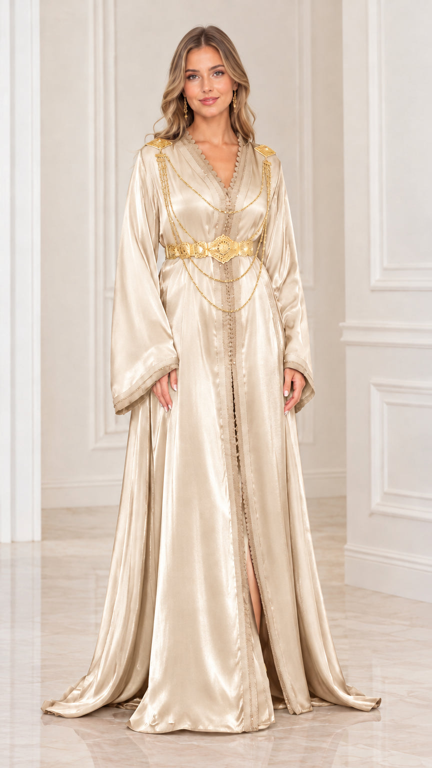 Front view of champagne gold satin embellished floor-length caftan dress