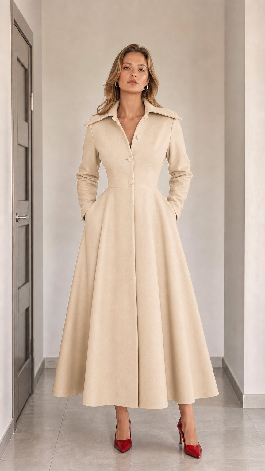 Full-length front view of woman wearing Beige vintage corset maxi dress coat