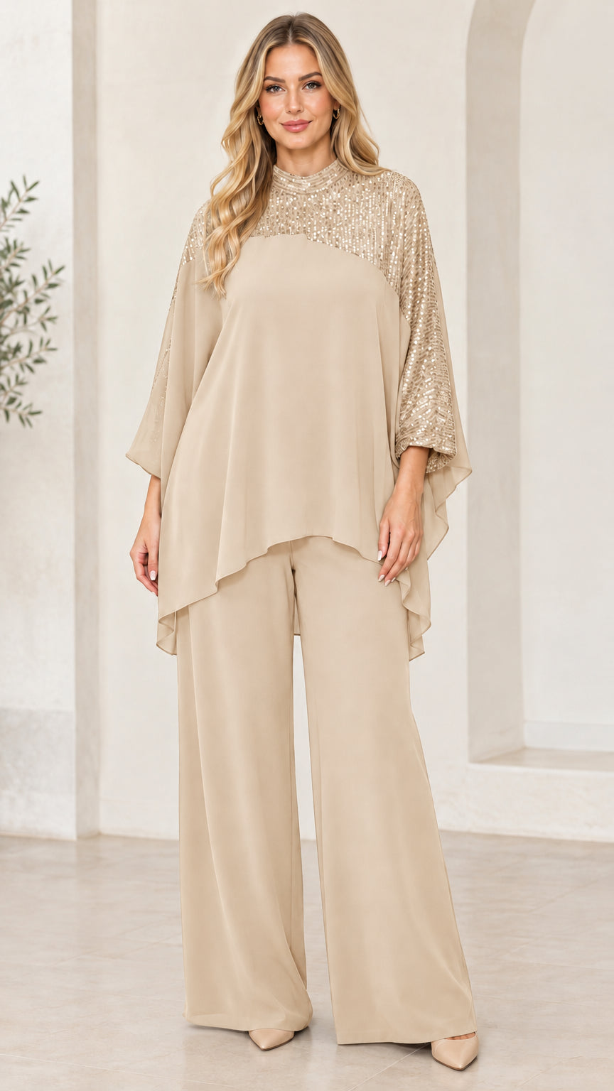 Champagne beige sequin formal cape top with wide leg trousers