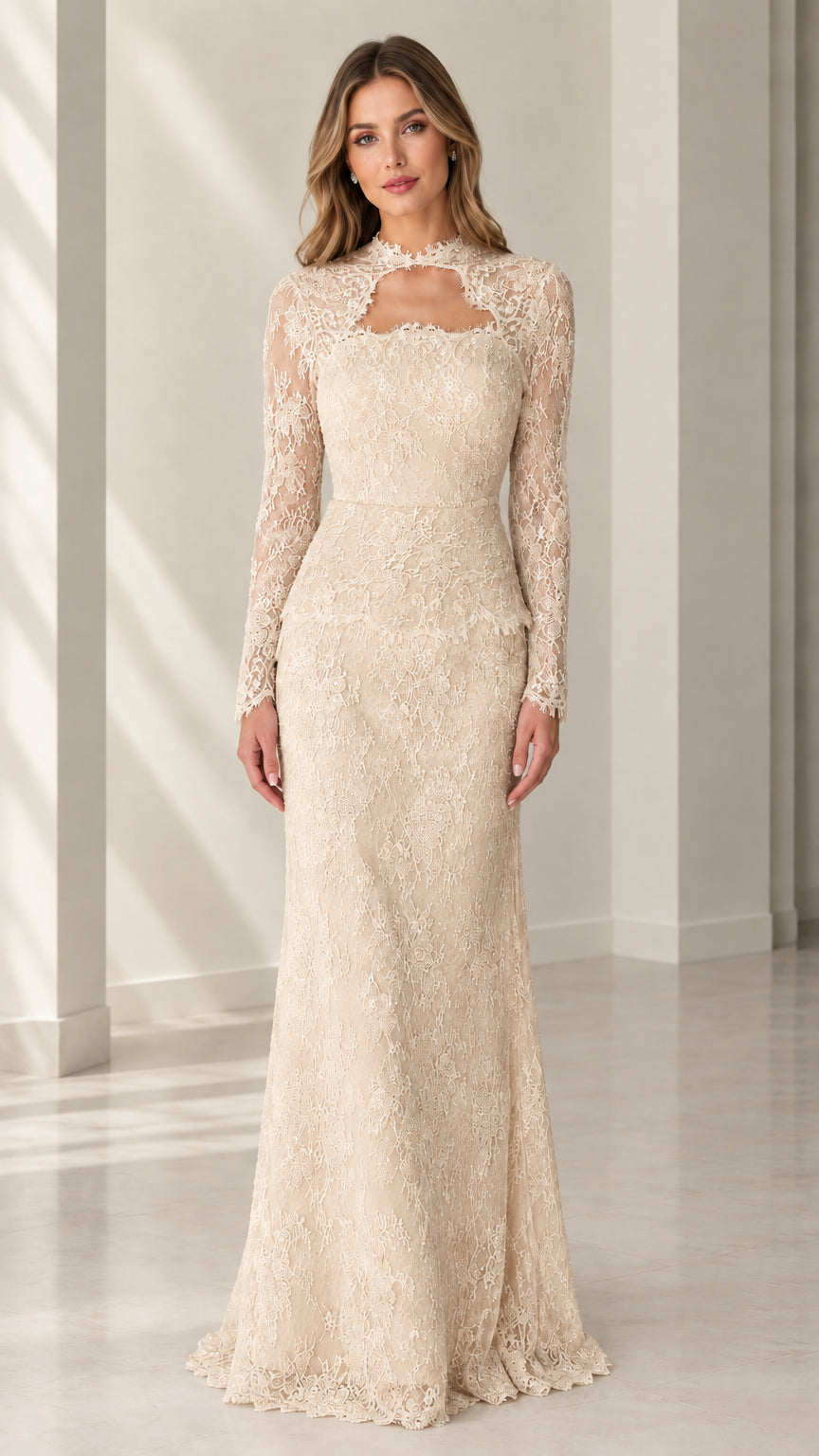 Front view of woman wearing champagne long sleeve lace evening gown