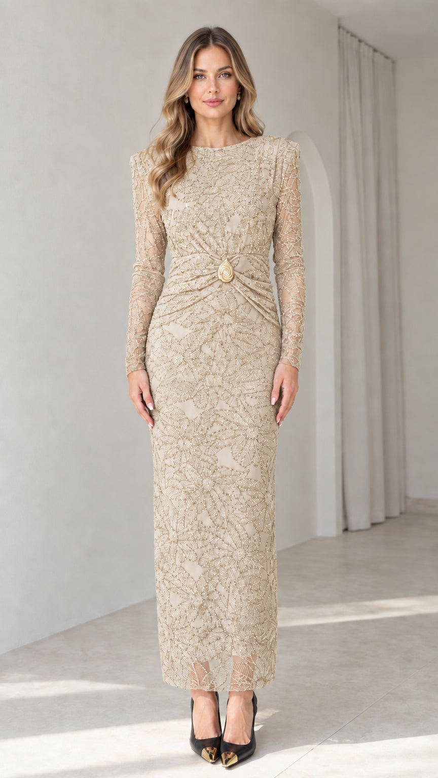 Model wearing champagne beige long sleeve lace maxi dress